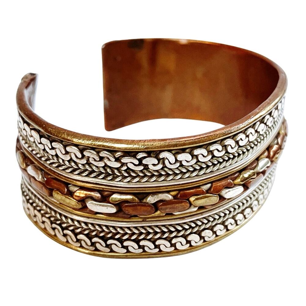 Vintage Boho Copper Mixed Metal Cuff Bracelet 1970s Ethnic Revival Jewelry